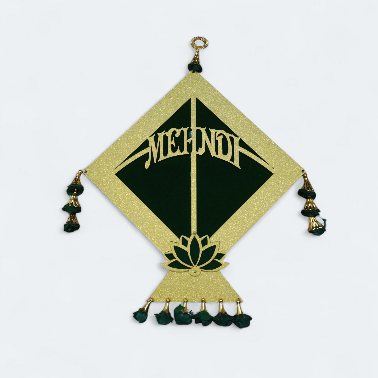 Mehndi Ceremony Decorative Kite with Lotus & Green Floral Tassels – Golden & Dark Green Hanging