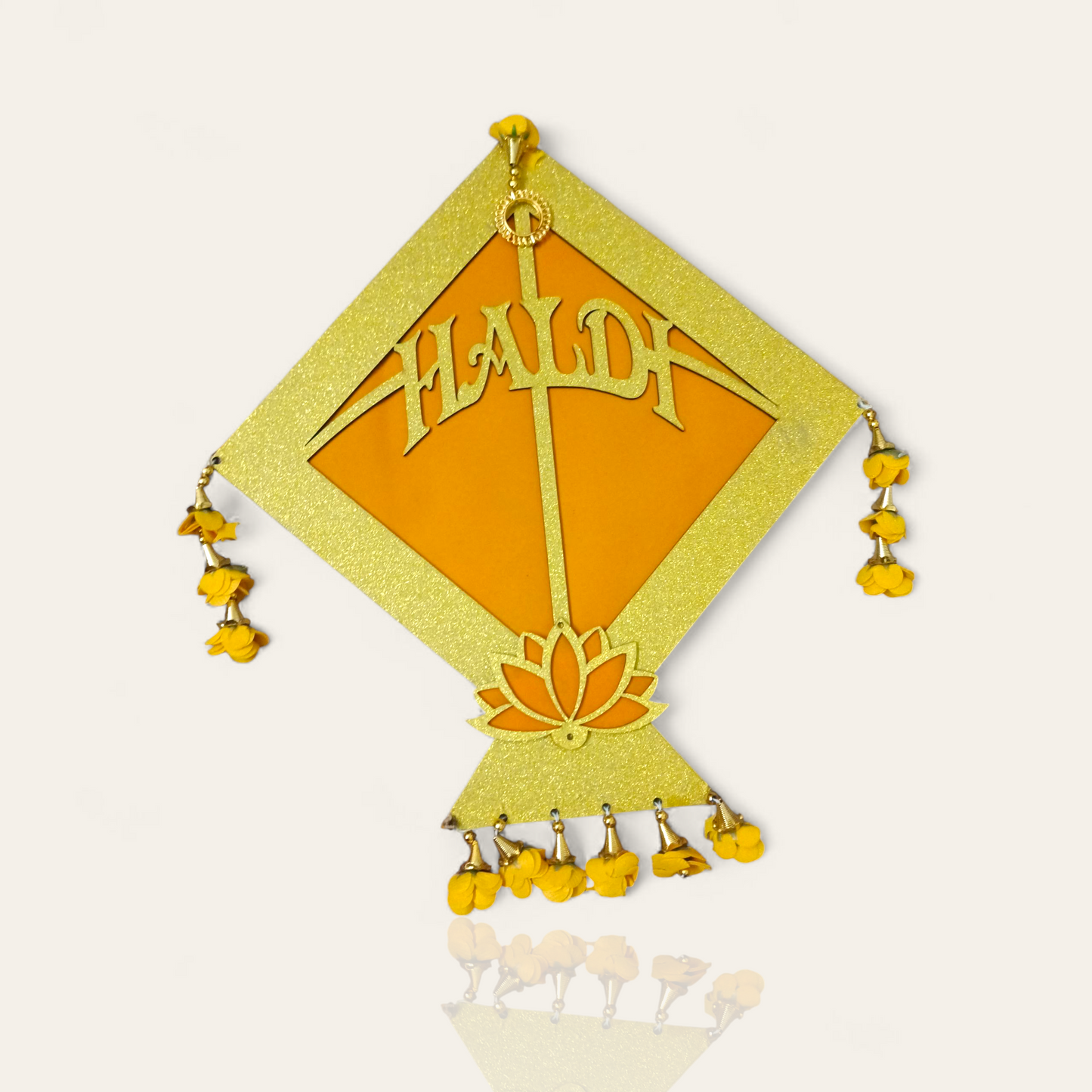 Haldi Ceremony Decorative Kite with Lotus & Floral Tassels – Yellow & Golden