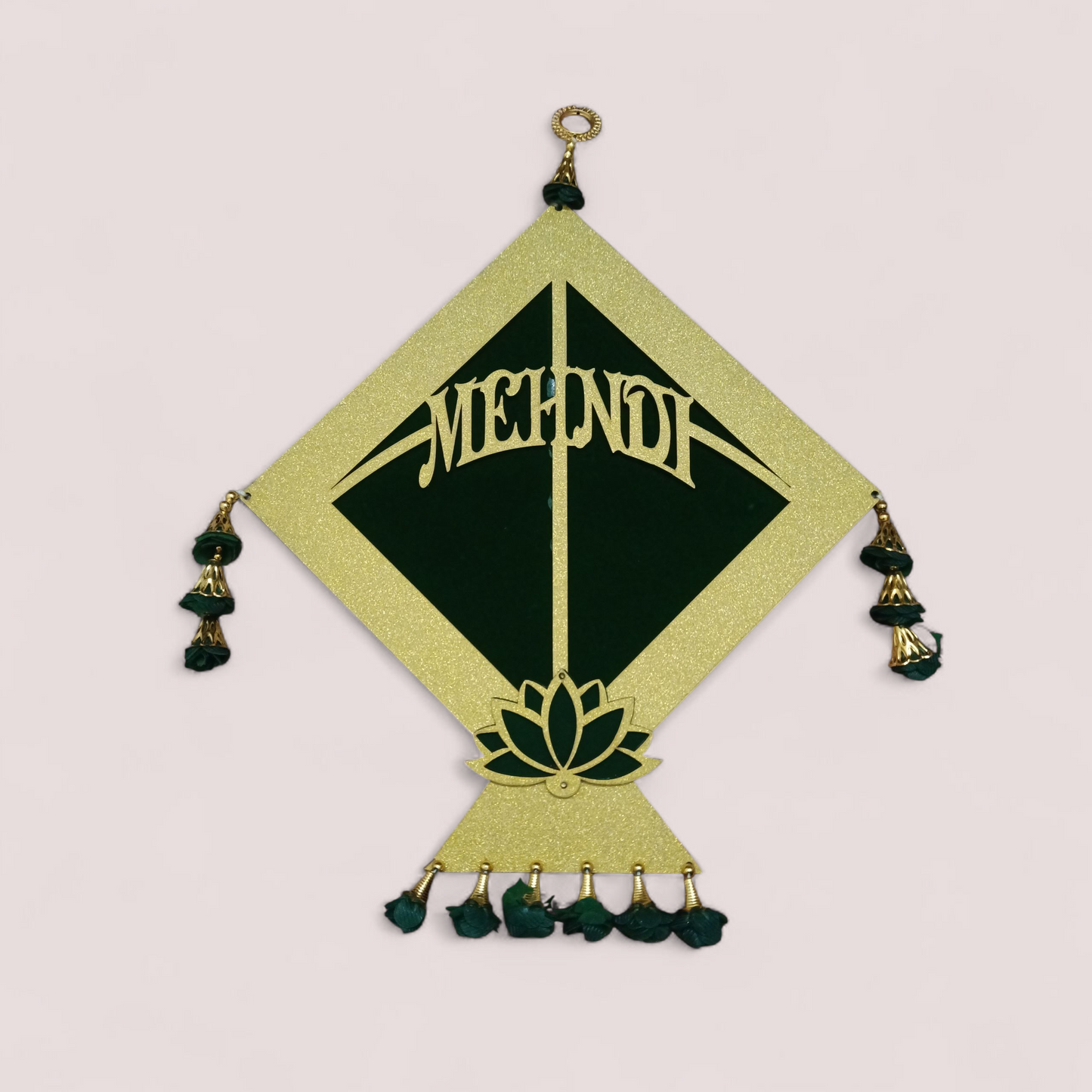 Mehndi Ceremony Decorative Kite with Lotus & Green Floral Tassels – Golden & Dark Green Hanging
