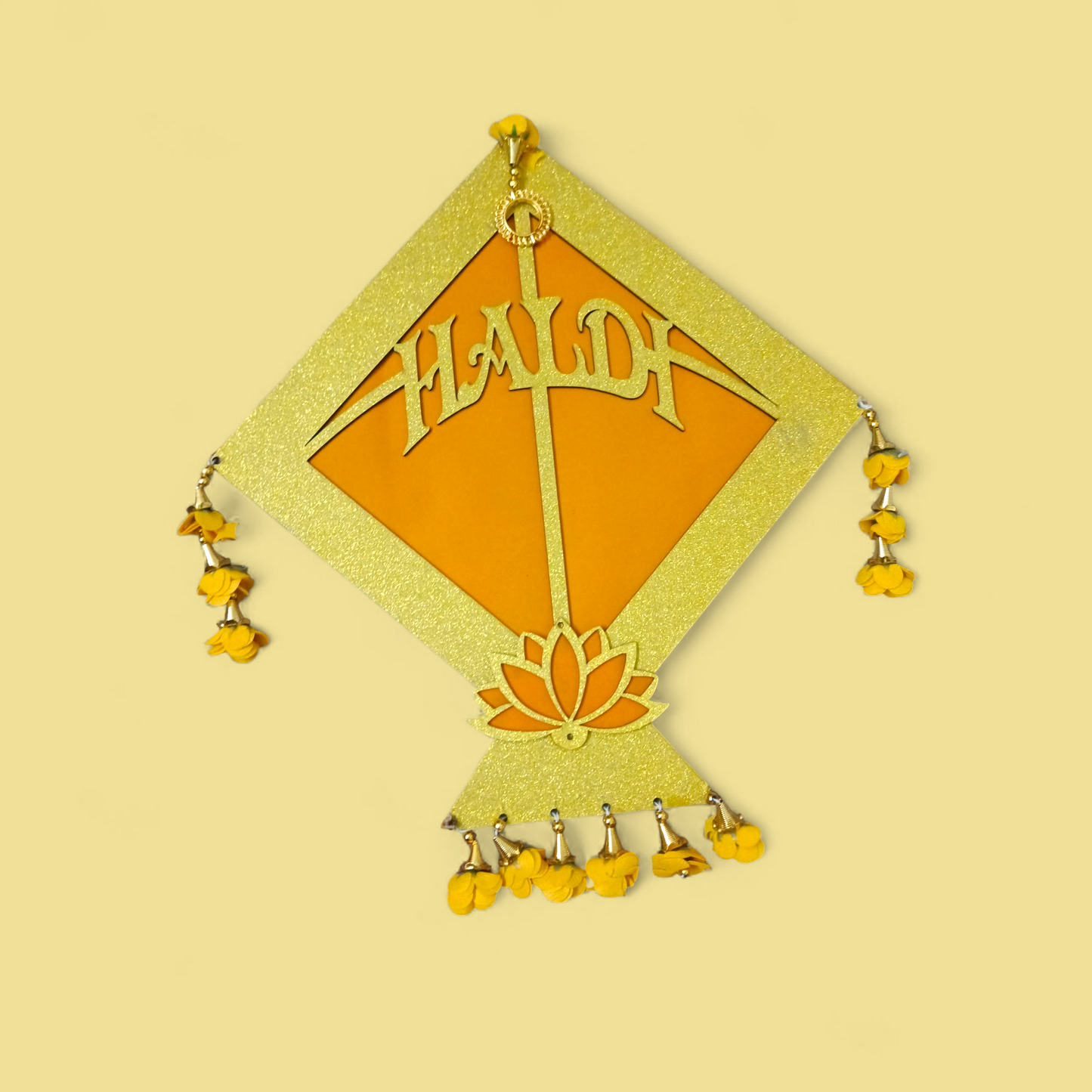 Haldi Ceremony Decorative Kite with Lotus & Floral Tassels – Yellow & Golden