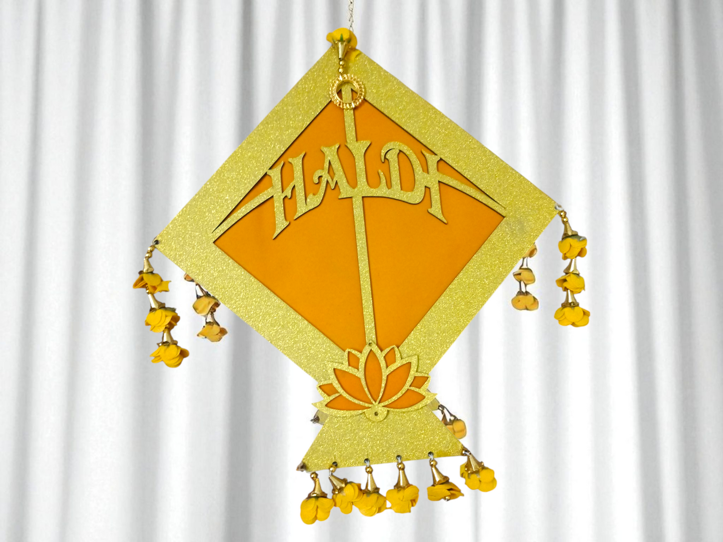 Haldi Ceremony Decorative Kite with Lotus & Floral Tassels – Yellow & Golden