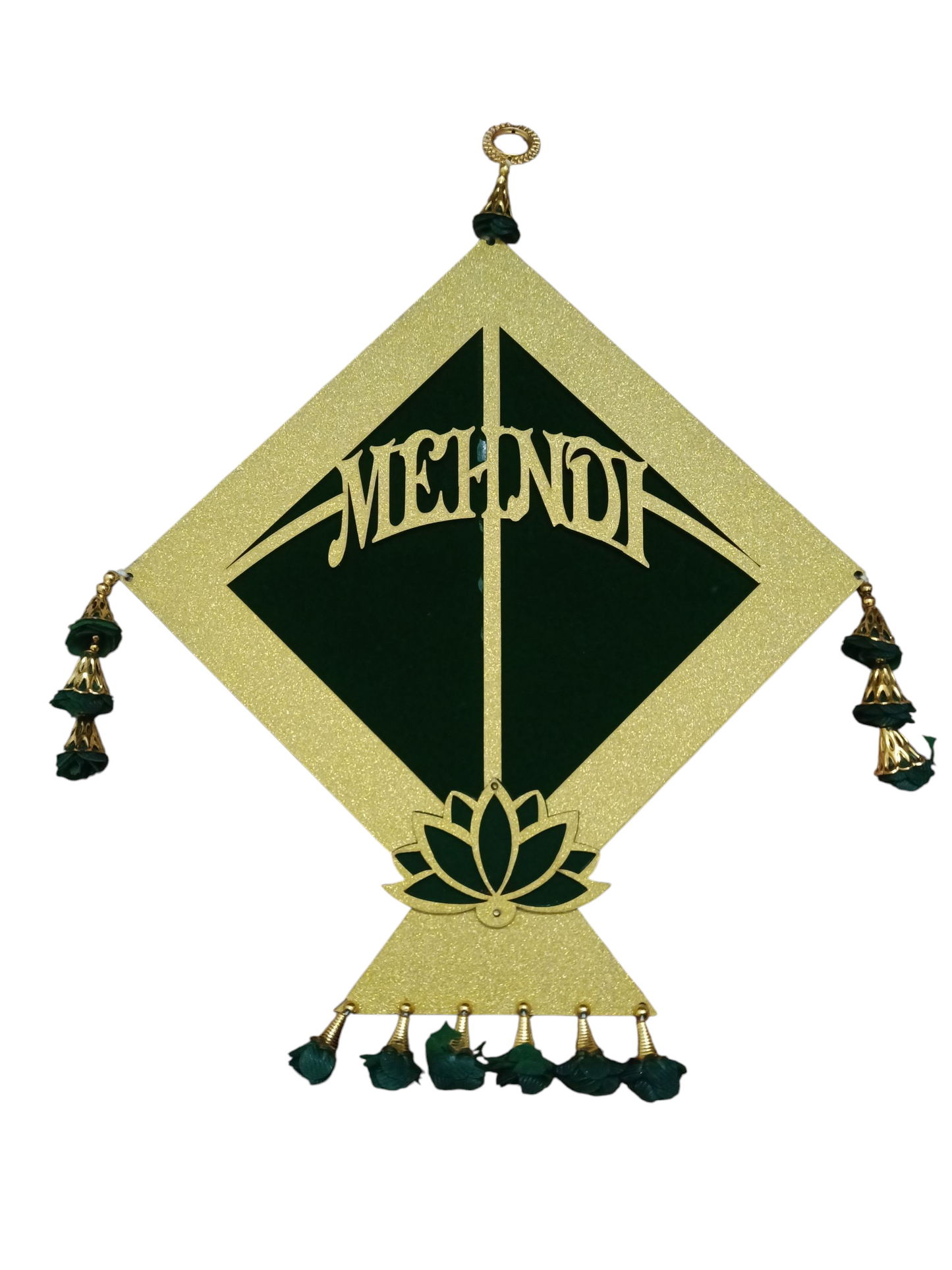 Mehndi Ceremony Decorative Kite with Lotus & Green Floral Tassels – Golden & Dark Green Hanging