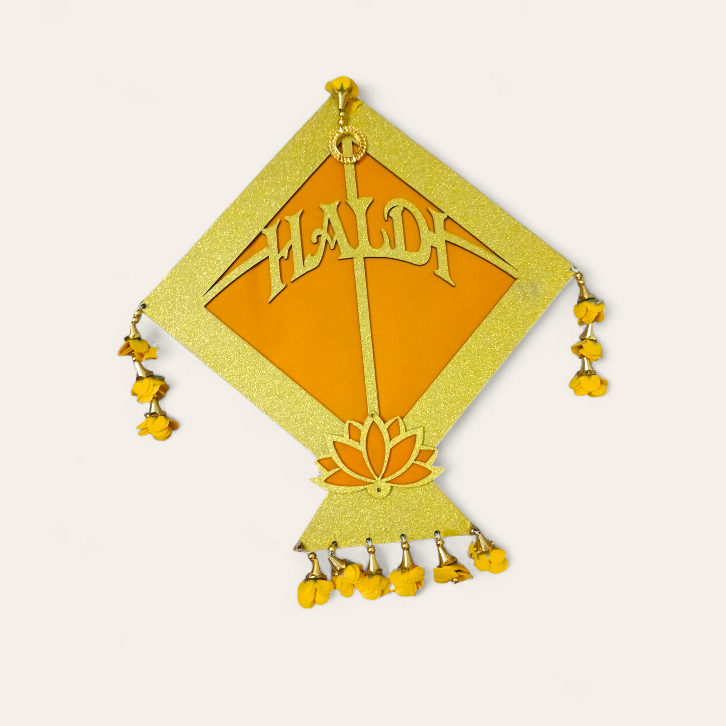 Haldi Ceremony Decorative Kite with Lotus & Floral Tassels – Yellow & Golden