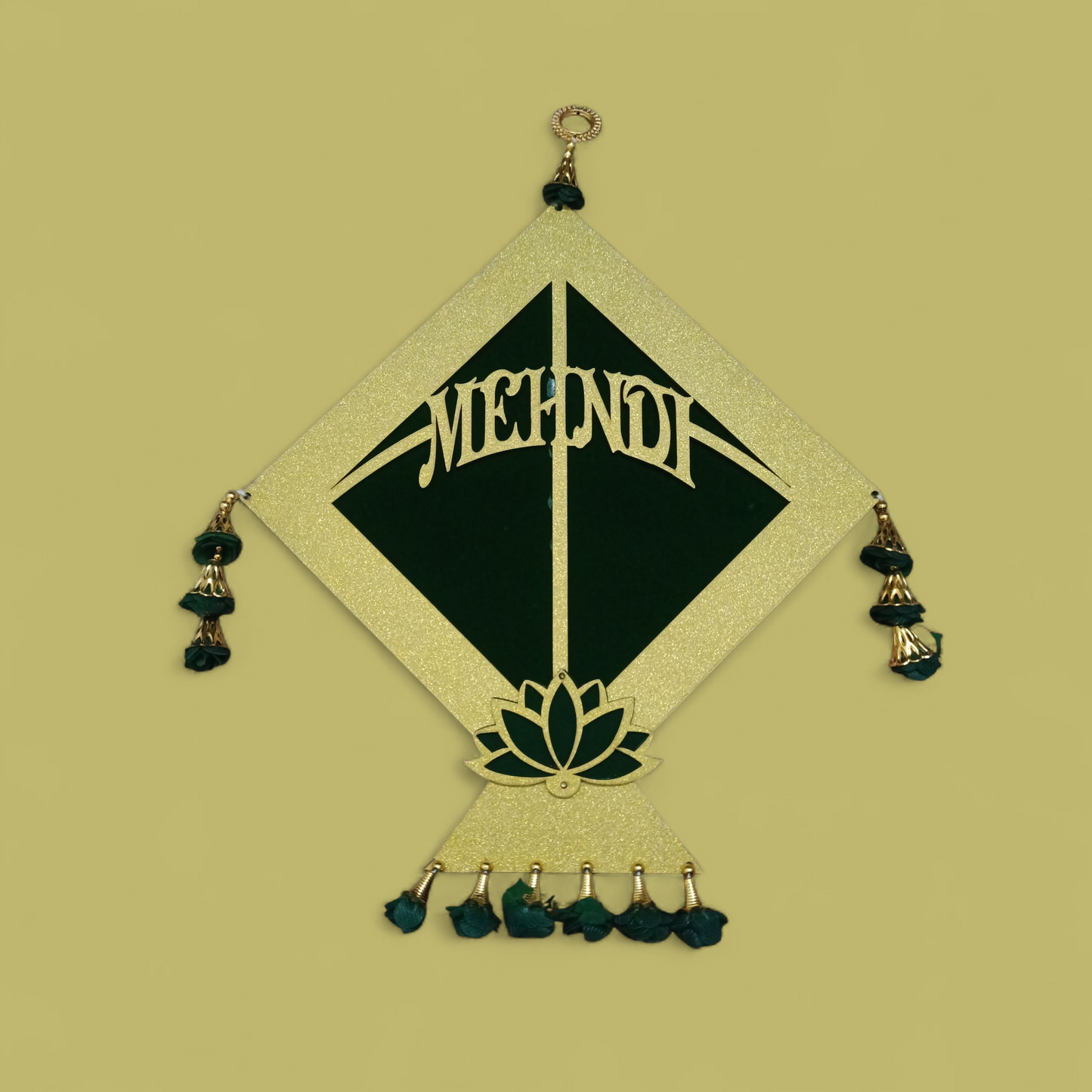 Mehndi Ceremony Decorative Kite with Lotus & Green Floral Tassels – Golden & Dark Green Hanging