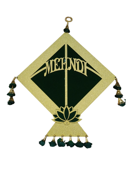 Mehndi Ceremony Decorative Kite with Lotus & Green Floral Tassels – Golden & Dark Green Hanging