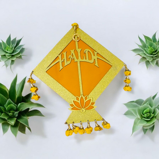 Haldi Ceremony Decorative Kite with Lotus & Floral Tassels – Yellow & Golden